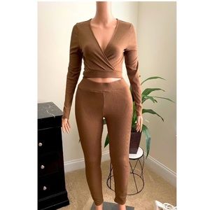 Mocha Brown Two Piece Pants Set! Wrap around or Front tie Long sleeve shirt!